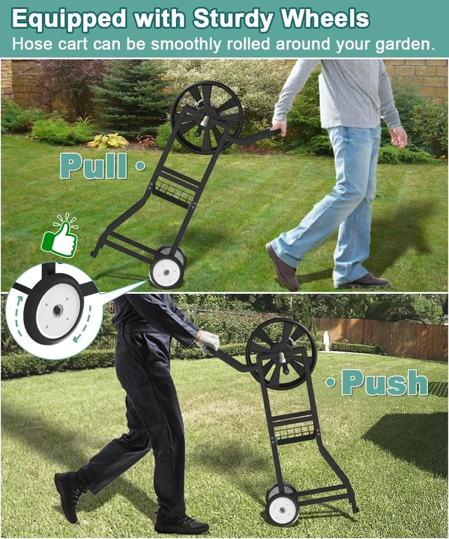 Alt view image 3 of 7 - Garden Hose Reel Cart with Wheels Heavy Duty Powder Coated Steel Storage for 125 ft 5/8" Hoses, 3.9ft Leader Hose & Basket, Black