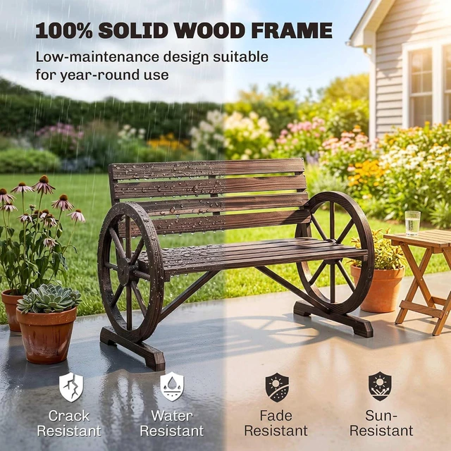Alt view image 4 of 7 - 41" Rustic Carbonized Wooden Outdoor Bench with Wagon Wheel