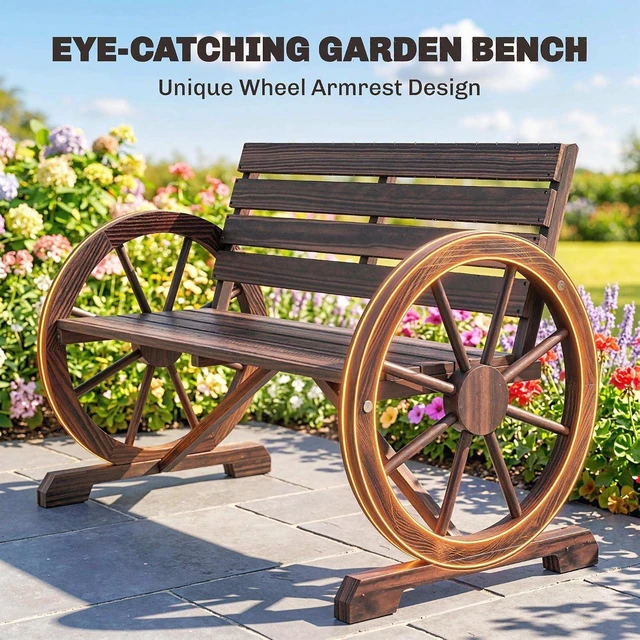 Alt view image 6 of 7 - 41" Rustic Carbonized Wooden Outdoor Bench with Wagon Wheel