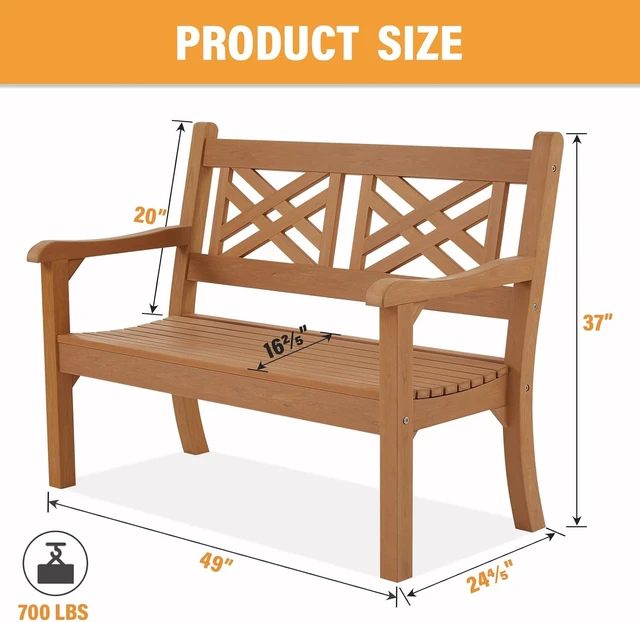 Alt view image 3 of 7 - 2-Person 49" All-Weather Poly Lumber Outdoor Garden Bench (Teak)
