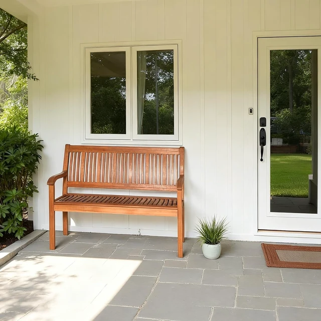 Alt view image 2 of 7 - Teak Wooden Outdoor Bench with Curved Armrest & Backrest