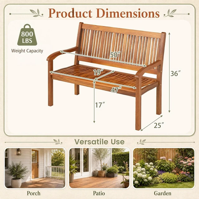Alt view image 3 of 7 - Teak Wooden Outdoor Bench with Curved Armrest & Backrest