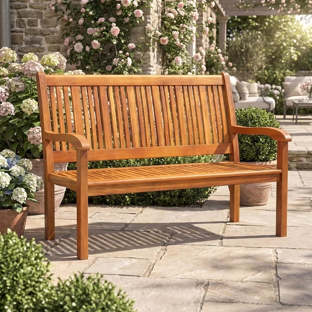 Alt view image 4 of 7 - Teak Wooden Outdoor Bench with Curved Armrest & Backrest