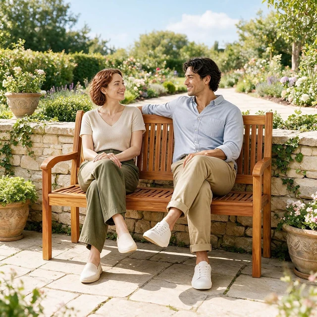Alt view image 5 of 7 - Teak Wooden Outdoor Bench with Curved Armrest & Backrest