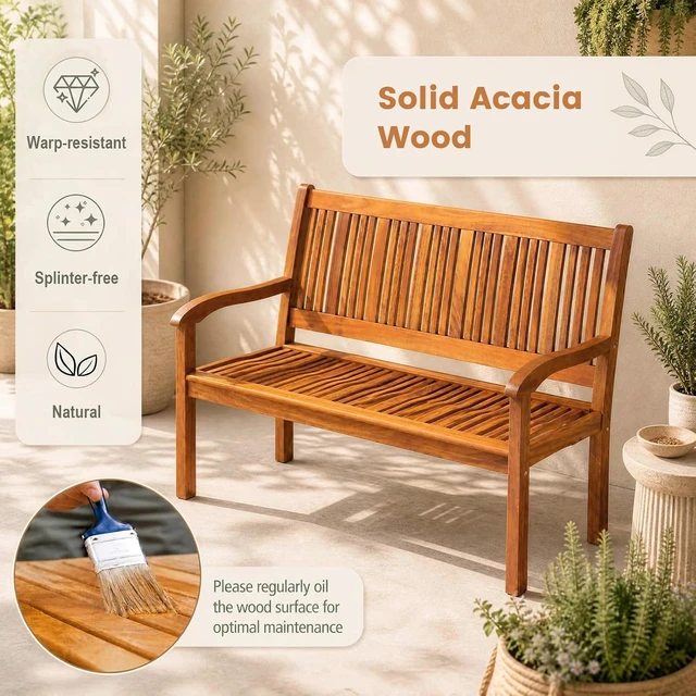 Alt view image 6 of 7 - Teak Wooden Outdoor Bench with Curved Armrest & Backrest