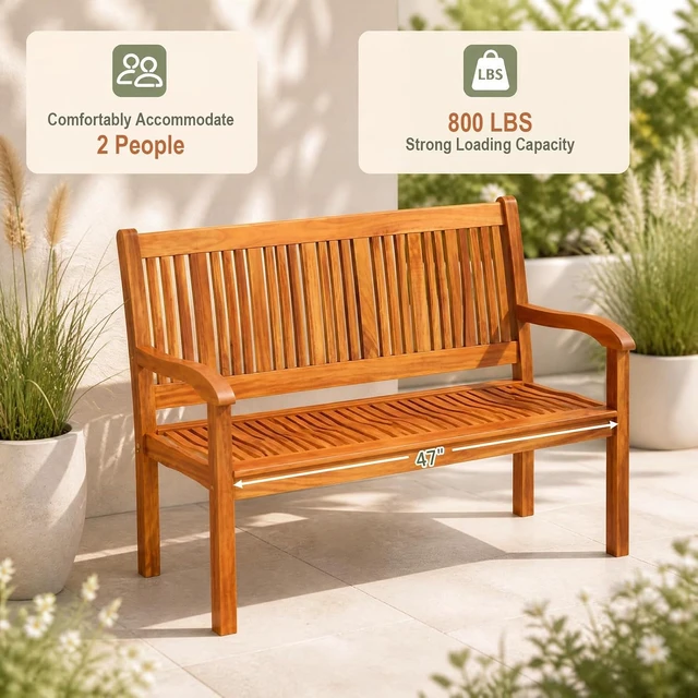 Alt view image 7 of 7 - Teak Wooden Outdoor Bench with Curved Armrest & Backrest