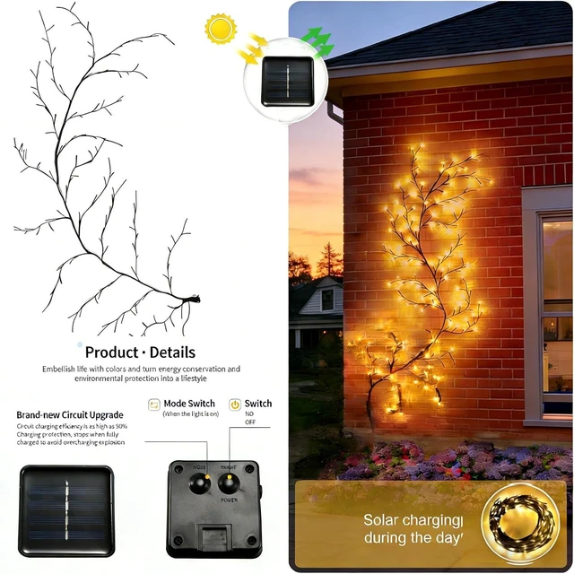 Alt view image 7 of 7 - 5.9ft 96 LED Solar Willow Vine Light Outdoor Warm White Tree Branch Lights