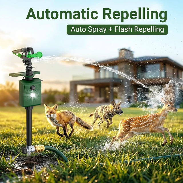 Alt view image 2 of 7 - Solar Motion Activated Sprinkler Animal Repellent Outdoor Deer Cat Dog Fox Deterrent with Flashing Lights for Garden Yard Lawn, 1 Pack