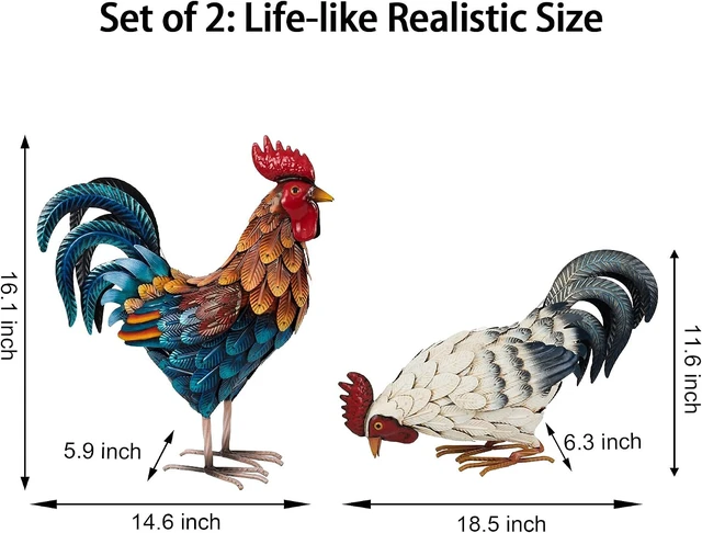 Alt view image 2 of 7 - Set of 2 Metal Rooster Statues Outdoor Garden Chicken Sculptures & Yard Art for Backyard, Patio, Lawn Decor