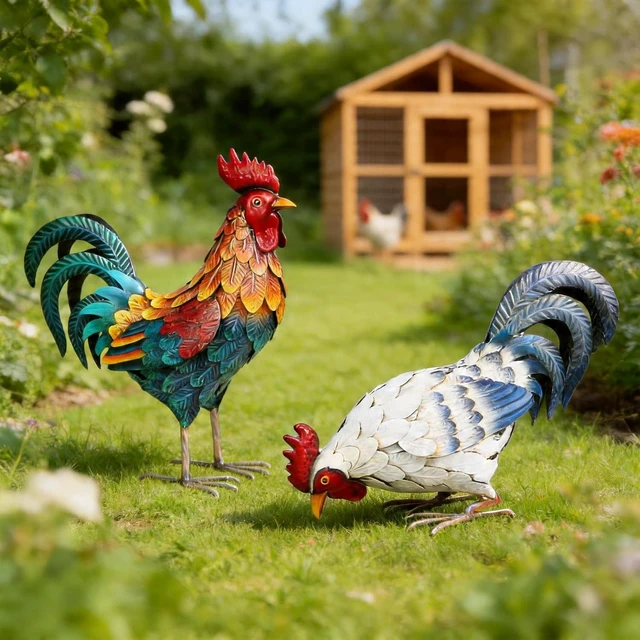 Main image of Set of 2 Metal Rooster Statues Outdoor Garden Chicken Sculptures & Yard Art for Backyard, Patio, Lawn Decor