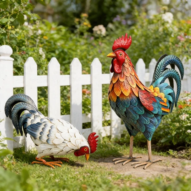 Alt view image 3 of 7 - Set of 2 Metal Rooster Statues Outdoor Garden Chicken Sculptures & Yard Art for Backyard, Patio, Lawn Decor