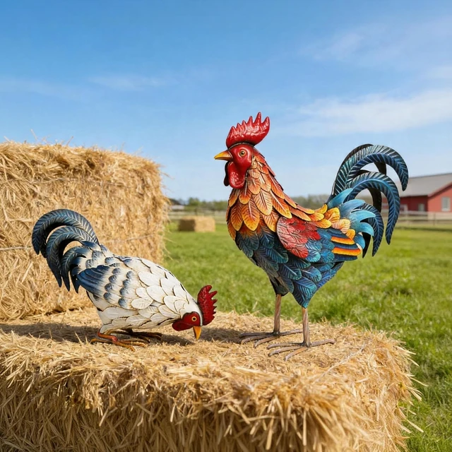 Alt view image 4 of 7 - Set of 2 Metal Rooster Statues Outdoor Garden Chicken Sculptures & Yard Art for Backyard, Patio, Lawn Decor