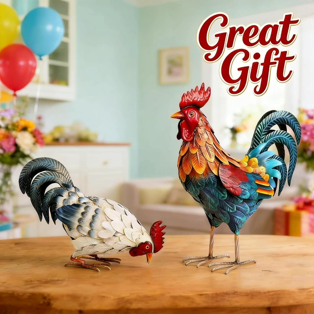Alt view image 5 of 7 - Set of 2 Metal Rooster Statues Outdoor Garden Chicken Sculptures & Yard Art for Backyard, Patio, Lawn Decor