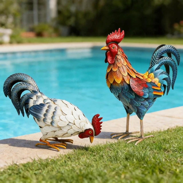 Alt view image 6 of 7 - Set of 2 Metal Rooster Statues Outdoor Garden Chicken Sculptures & Yard Art for Backyard, Patio, Lawn Decor