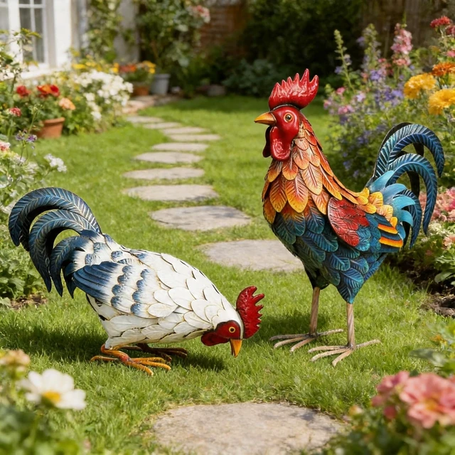 Alt view image 7 of 7 - Set of 2 Metal Rooster Statues Outdoor Garden Chicken Sculptures & Yard Art for Backyard, Patio, Lawn Decor