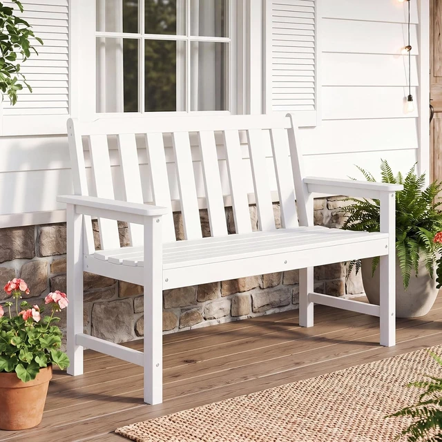Alt view image 2 of 7 - White 2-Person HDPE Outdoor Garden Bench with Backrest