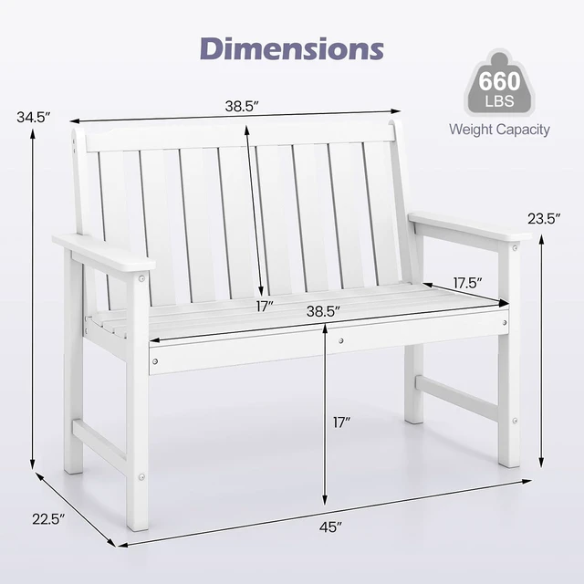 Alt view image 3 of 7 - White 2-Person HDPE Outdoor Garden Bench with Backrest