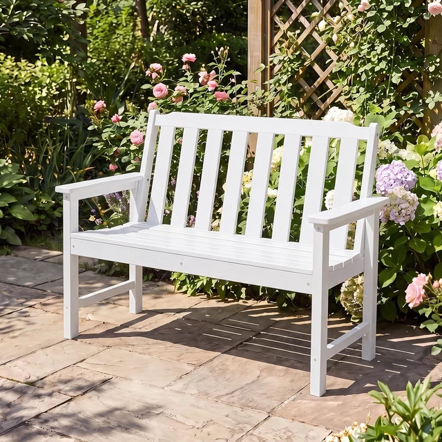 Alt view image 4 of 7 - White 2-Person HDPE Outdoor Garden Bench with Backrest