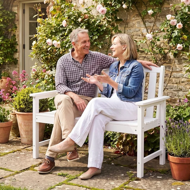Alt view image 5 of 7 - White 2-Person HDPE Outdoor Garden Bench with Backrest