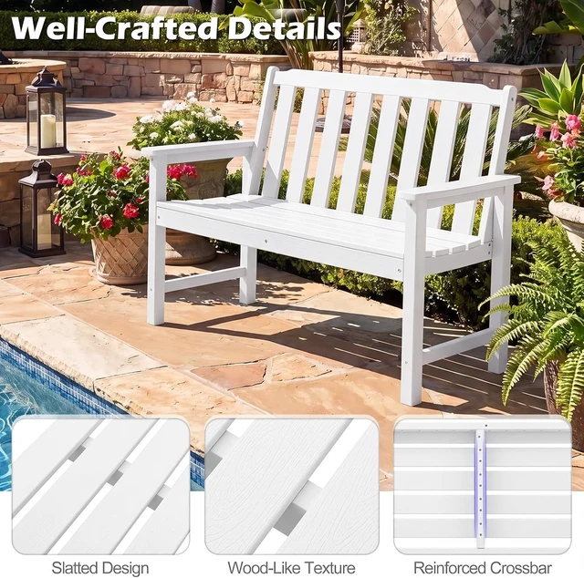 Alt view image 7 of 7 - White 2-Person HDPE Outdoor Garden Bench with Backrest