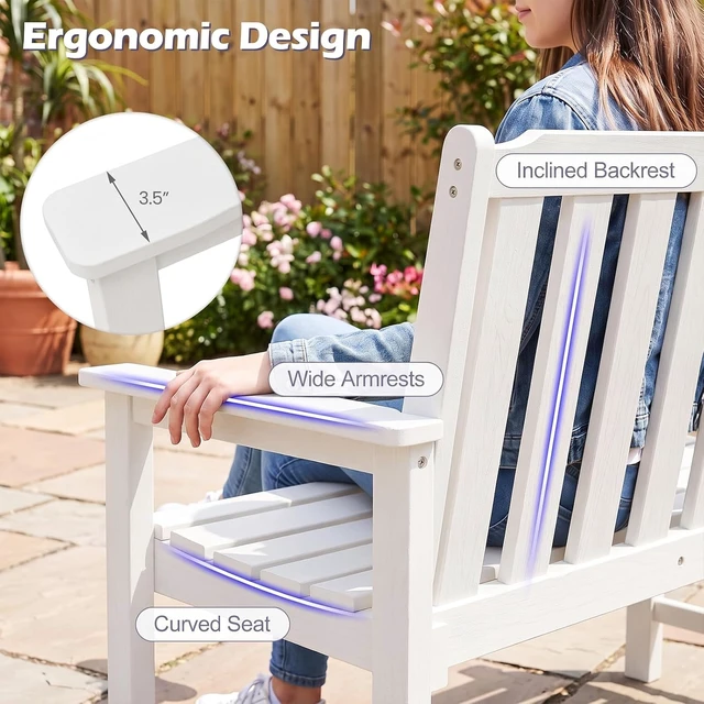 Alt view image 6 of 7 - White 2-Person HDPE Outdoor Garden Bench with Backrest