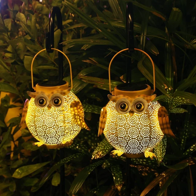 Main image of 2 Pack Hanging Solar Lanterns Waterproof Metal Garden Lights with Owl Pattern, for Patio, Yard, Table, Pathway