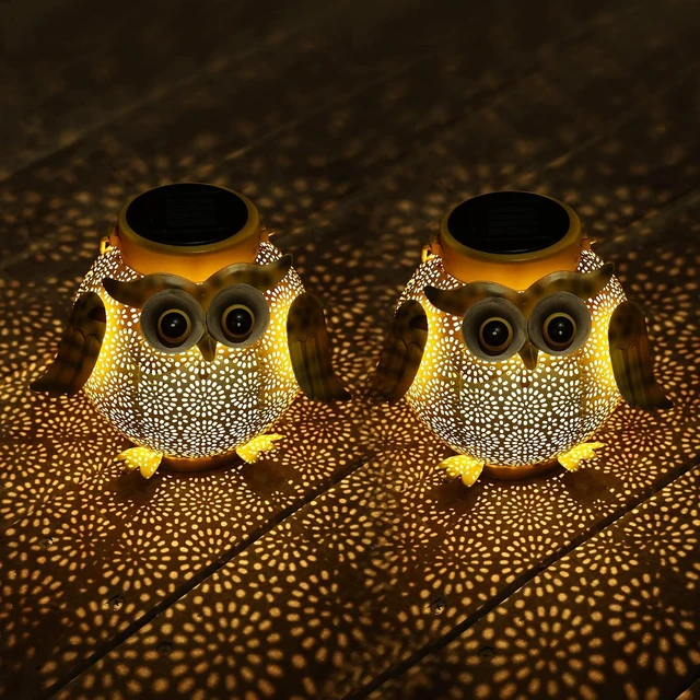 Alt view image 7 of 7 - 2 Pack Hanging Solar Lanterns Waterproof Metal Garden Lights with Owl Pattern, for Patio, Yard, Table, Pathway