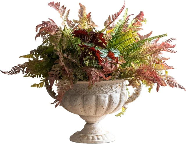 Main image of 13.6"x8.5" Vintage White Urn Planter Faux Stone Iron Flower Pot