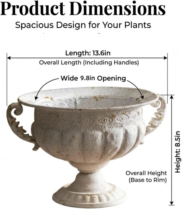 Alt view image 2 of 7 - 13.6"x8.5" Vintage White Urn Planter Faux Stone Iron Flower Pot