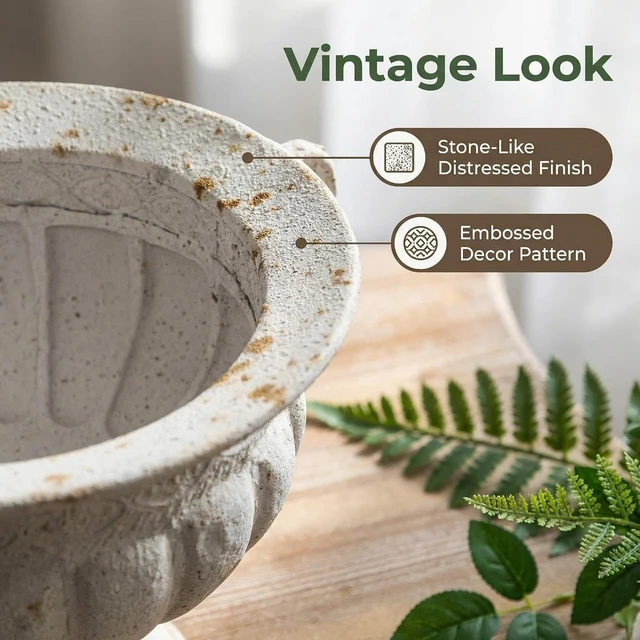 Alt view image 4 of 7 - 13.6"x8.5" Vintage White Urn Planter Faux Stone Iron Flower Pot