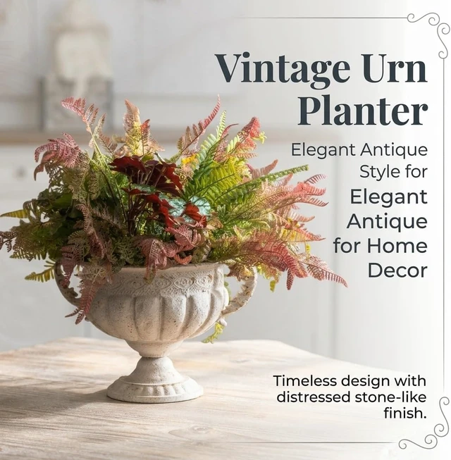 Alt view image 5 of 7 - 13.6"x8.5" Vintage White Urn Planter Faux Stone Iron Flower Pot
