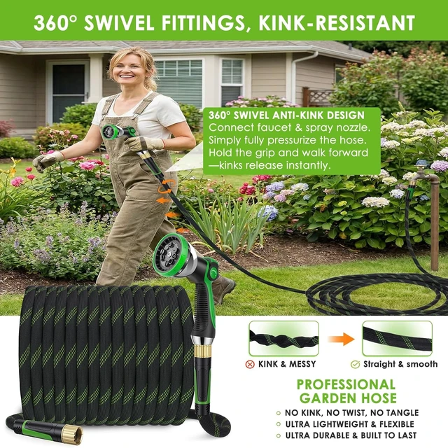 Alt view image 3 of 7 - 100 ft Non-Expanding Garden Hose with 360° Anti-Kink Swivel Fittings