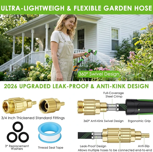 Alt view image 4 of 7 - 100 ft Non-Expanding Garden Hose with 360° Anti-Kink Swivel Fittings