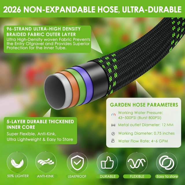 Alt view image 5 of 7 - 100 ft Non-Expanding Garden Hose with 360° Anti-Kink Swivel Fittings