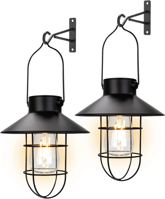 Alt view image 2 of 7 - Metal Solar Hanging Lanterns Outdoor Waterproof Warm White Edison Bulb Lights for Wall, Barn, Yard, Garden, Patio, Porch Decor (Black-2pack)