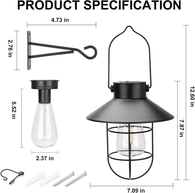 Alt view image 5 of 7 - Metal Solar Hanging Lanterns Outdoor Waterproof Warm White Edison Bulb Lights for Wall, Barn, Yard, Garden, Patio, Porch Decor (Black-2pack)