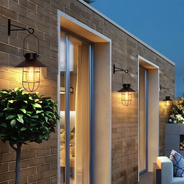 Alt view image 6 of 7 - Metal Solar Hanging Lanterns Outdoor Waterproof Warm White Edison Bulb Lights for Wall, Barn, Yard, Garden, Patio, Porch Decor (Black-2pack)
