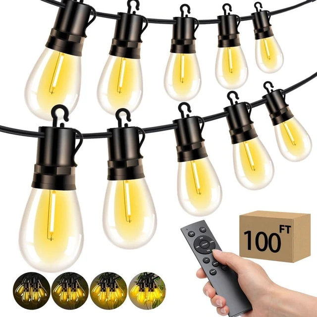 Main image of 100FT Outdoor Patio String Lights S14 Shatterproof Bulbs, Waterproof Dimmable Remote, Connectable Hanging Lighting for Garden, Backyard, Gazebo, Porch Party
