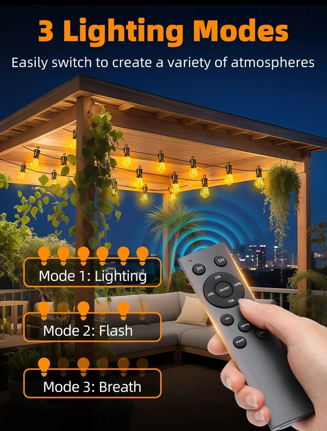 Alt view image 2 of 7 - 100FT Outdoor Patio String Lights S14 Shatterproof Bulbs, Waterproof Dimmable Remote, Connectable Hanging Lighting for Garden, Backyard, Gazebo, Porch Party