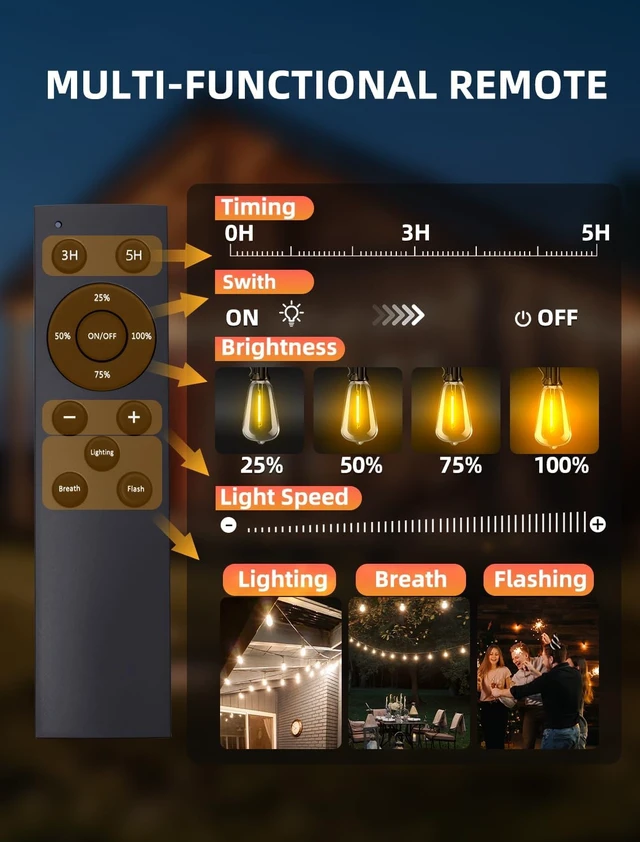 Alt view image 3 of 7 - 100FT Outdoor Patio String Lights S14 Shatterproof Bulbs, Waterproof Dimmable Remote, Connectable Hanging Lighting for Garden, Backyard, Gazebo, Porch Party