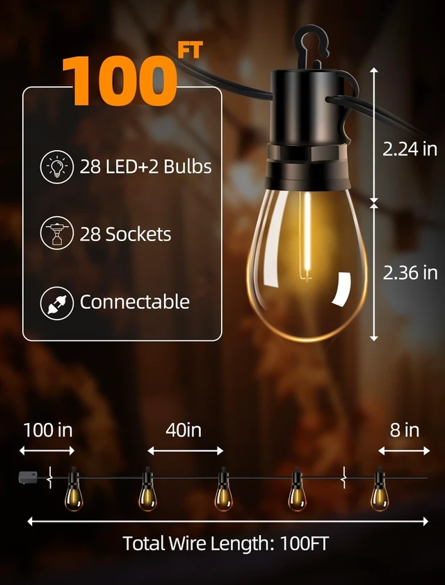Alt view image 6 of 7 - 100FT Outdoor Patio String Lights S14 Shatterproof Bulbs, Waterproof Dimmable Remote, Connectable Hanging Lighting for Garden, Backyard, Gazebo, Porch Party