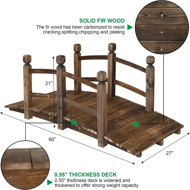 Alt view image 2 of 7 - 5FT Wooden Garden Bridge Arch Stained Decorative Footbridge with Double Safety Railings, for Pond, Lawn, Yard, Patio, Courtyard, Farm, Stream Creek