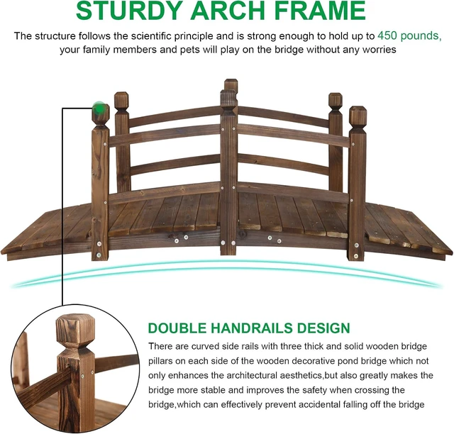 Alt view image 3 of 7 - 5FT Wooden Garden Bridge Arch Stained Decorative Footbridge with Double Safety Railings, for Pond, Lawn, Yard, Patio, Courtyard, Farm, Stream Creek