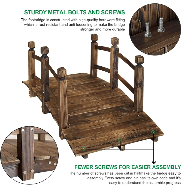Alt view image 5 of 7 - 5FT Wooden Garden Bridge Arch Stained Decorative Footbridge with Double Safety Railings, for Pond, Lawn, Yard, Patio, Courtyard, Farm, Stream Creek