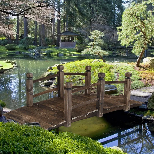 Alt view image 7 of 7 - 5FT Wooden Garden Bridge Arch Stained Decorative Footbridge with Double Safety Railings, for Pond, Lawn, Yard, Patio, Courtyard, Farm, Stream Creek