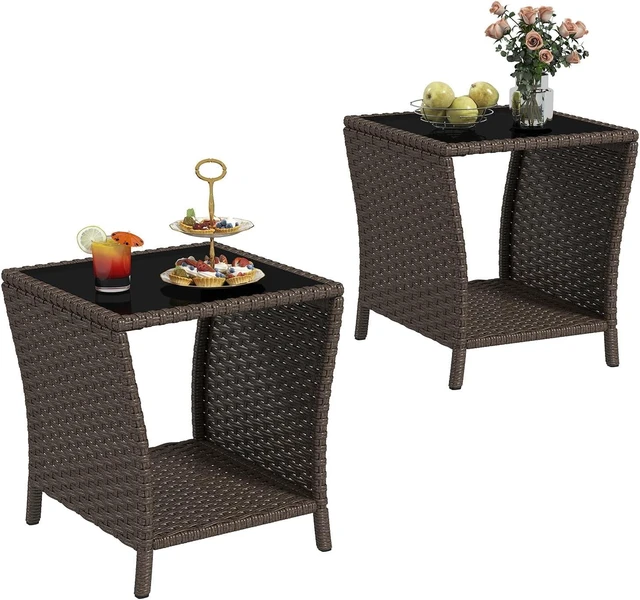 Main image of Set of 2 Brown Outdoor Wicker Side Tables with Glass Top & Storage Shelf