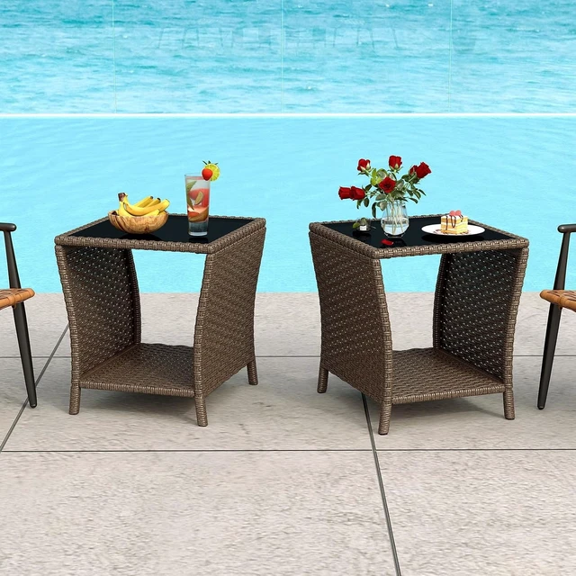Alt view image 2 of 7 - Set of 2 Brown Outdoor Wicker Side Tables with Glass Top & Storage Shelf