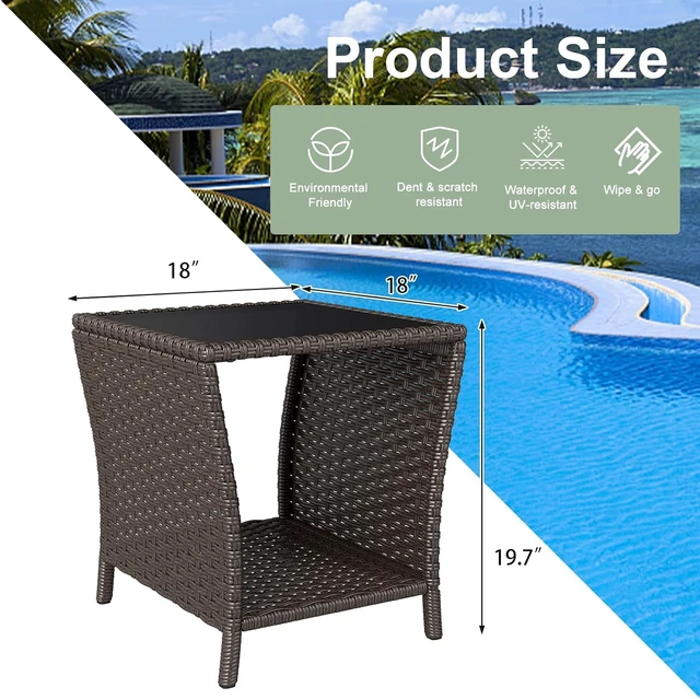 Alt view image 3 of 7 - Set of 2 Brown Outdoor Wicker Side Tables with Glass Top & Storage Shelf
