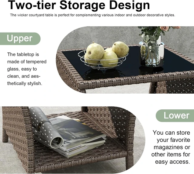 Alt view image 4 of 7 - Set of 2 Brown Outdoor Wicker Side Tables with Glass Top & Storage Shelf