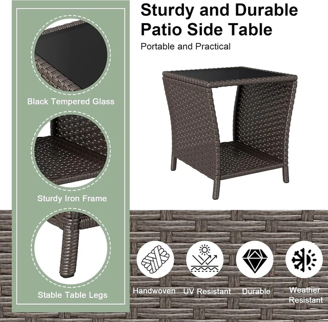 Alt view image 5 of 7 - Set of 2 Brown Outdoor Wicker Side Tables with Glass Top & Storage Shelf
